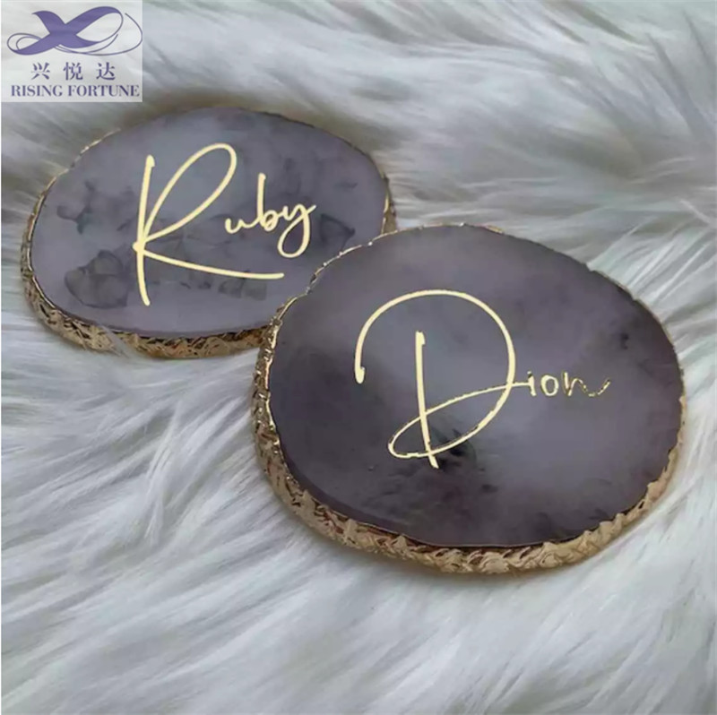 quartz resin crystal agate coaster with gold trim