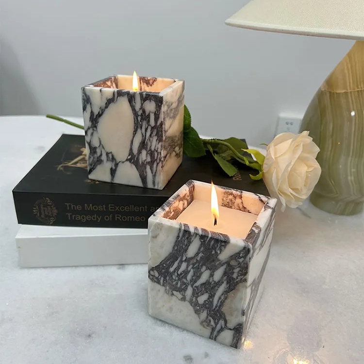 calacatta viola marble square candle jar