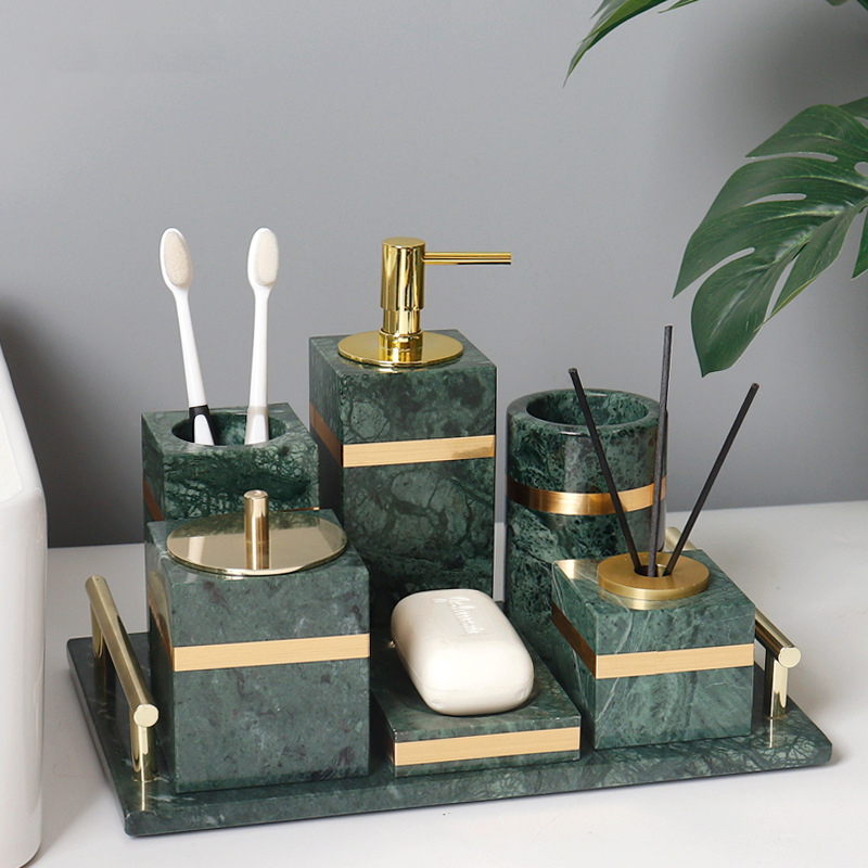 green marble shower mixer set bathroom with gold trim