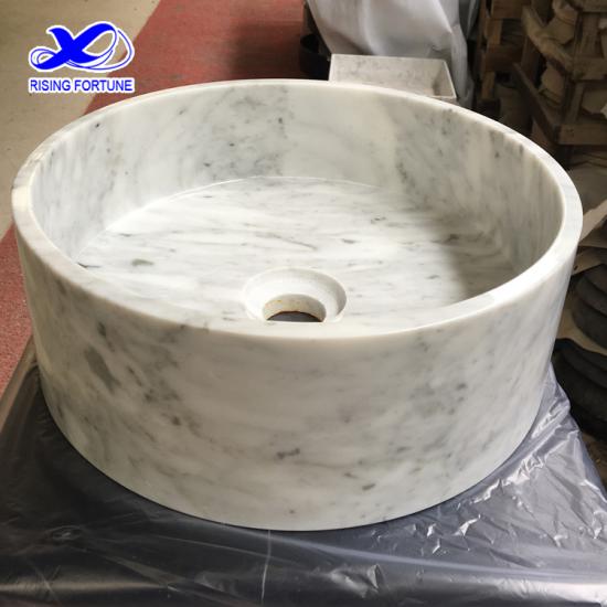Bianco carrara marble cylindrical honed stone basin