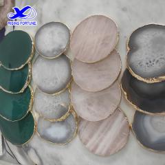 Hot Selling Natural Blue Black And Pink Agate Slice Holder Coaster with Gold Trim