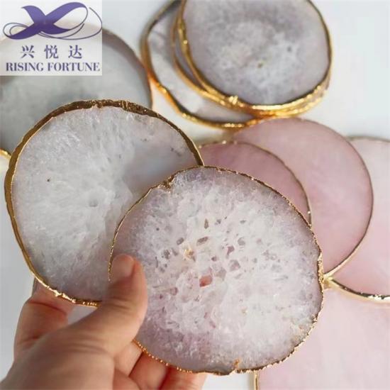 Pink Resin Agate And Crystal Cup Coaster Set With Gold Rim