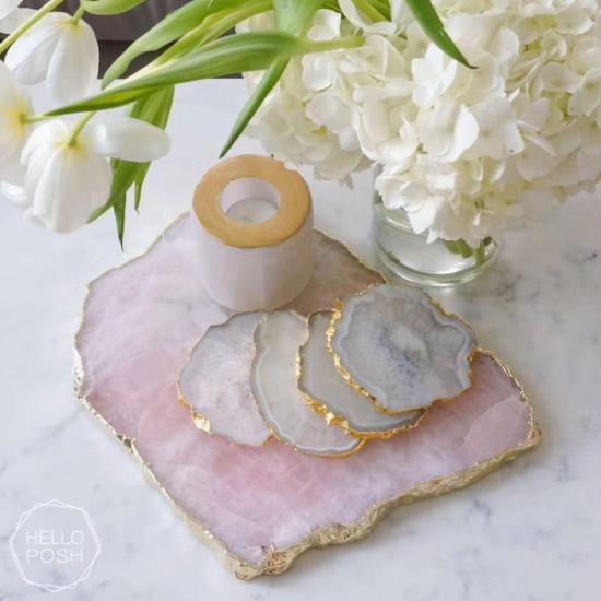 Rose and white quartz platter serving tray with gold and silver edge