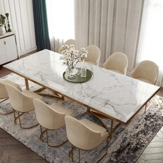 Marble Dining Table with White Rectangular Tabletop Gold Stainless Legs