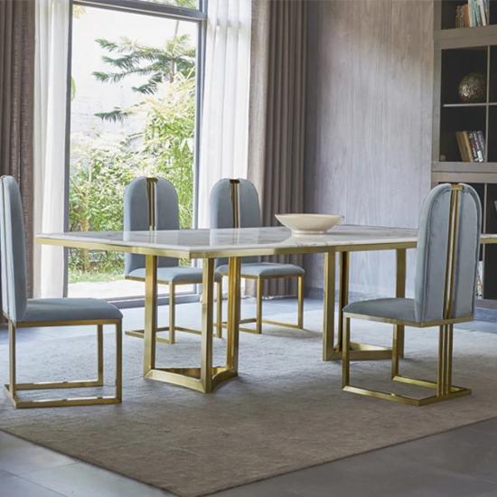 Marble Dining Table with White Rectangular Tabletop Gold Stainless Legs