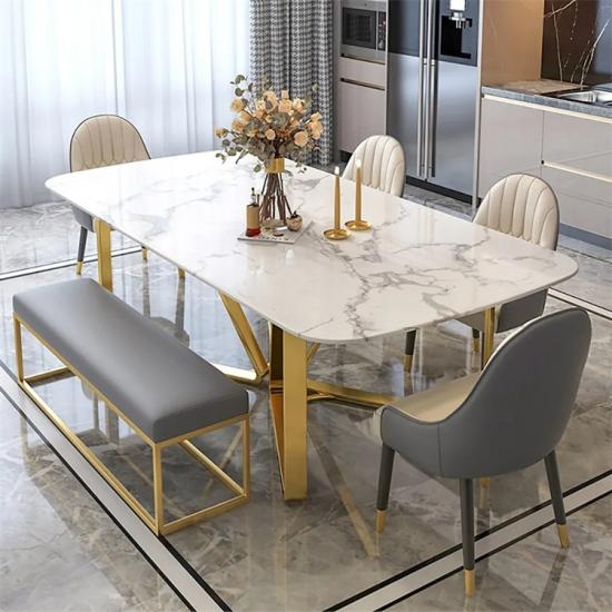 Modern Rectangle Marble Dining Table Gold Base Stainless Steel
