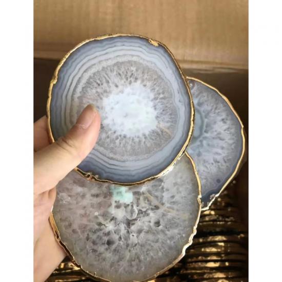 Round natural agate slice coasters with gold edge
