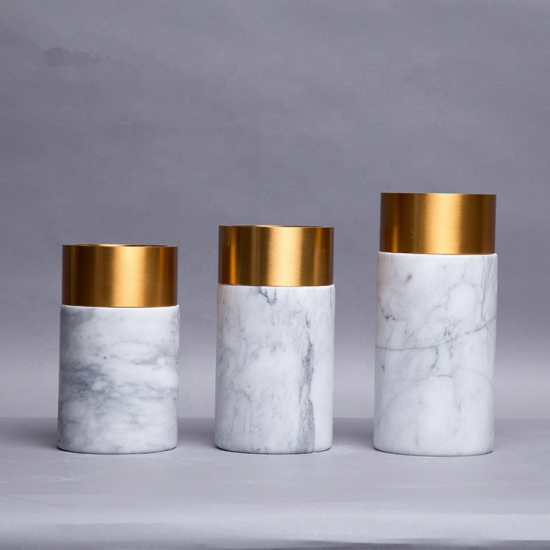 Nordic Metal Vase Natural Marble Crafts Decorative White Flower Vase