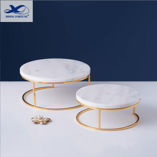 White Marble Tray With Gold Metal Pedestal Stand In Bulk