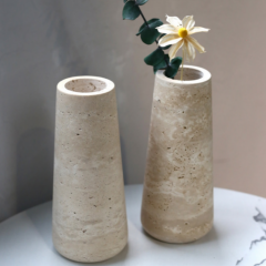 RF-Hand‑Carved Travertine Flower Vase | Tabletop Dried Flower Decor
