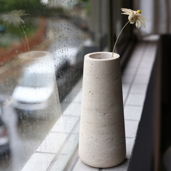 RF-Hand‑Carved Travertine Flower Vase | Tabletop Dried Flower Decor