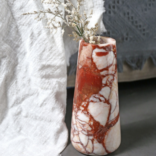 RF-Calacatta Red Marble Tapered Vase, Solid Polished Natural Stone Table Vase for Dried Floral Home Decor