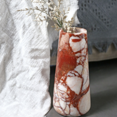 RF-Calacatta Red Marble Tapered Vase, Solid Polished Natural Stone Table Vase for Dried Floral Home Decor