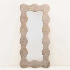 RF-Wavy Natural Marble Full Length Mirror, French Retro Scalloped Full Body Floor Mirror for Home Decor