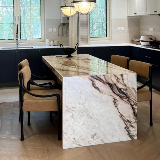 Pink Marble Integrated Kitchen Island Dining Table | Luxury Natural Stone