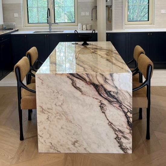 Pink Marble Integrated Kitchen Island Dining Table | Luxury Natural Stone