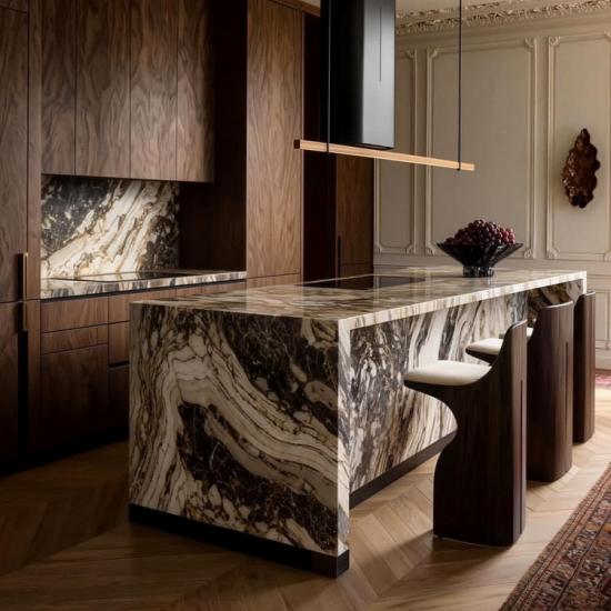 Venice Brown Marble Kitchen Island | Custom Luxury Curved Marble Countertop for Villa