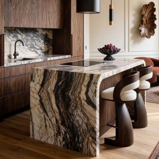 Venice Brown Marble Kitchen Island | Custom Luxury Curved Marble Countertop for Villa