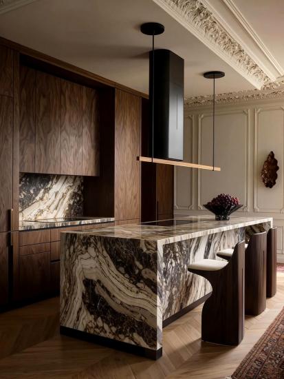 Venice Brown Marble Kitchen Island | Custom Luxury Curved Marble Countertop for Villa