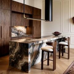 Venice Brown Marble Kitchen Island | Custom Luxury Curved Marble Countertop for Villa